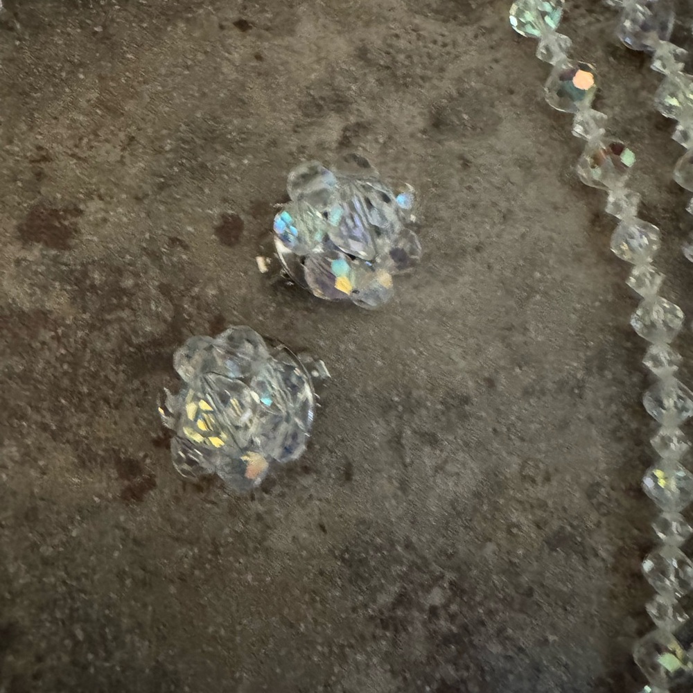 Vintage Crystal Necklace 3 Strands Clip On Earrings Aurora Borealis Set Art Deco - Picture 9 of 15